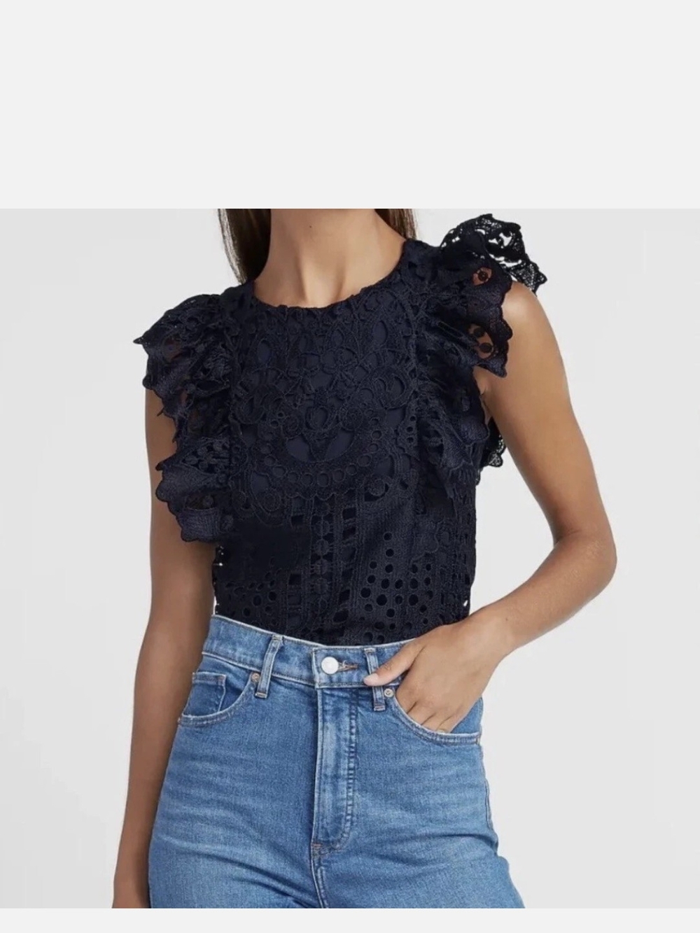 Women's Black Lace Ruffle Shell Top